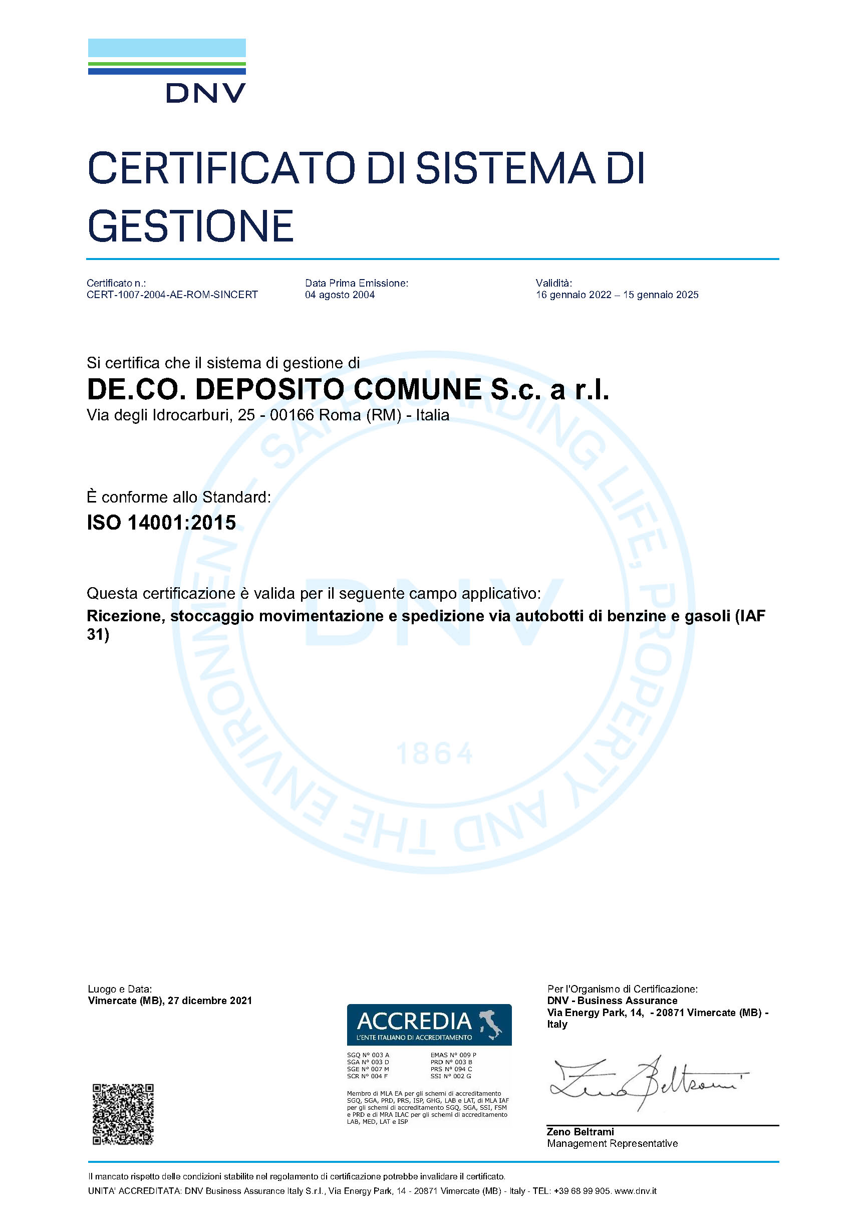 Certificato ISO 14001